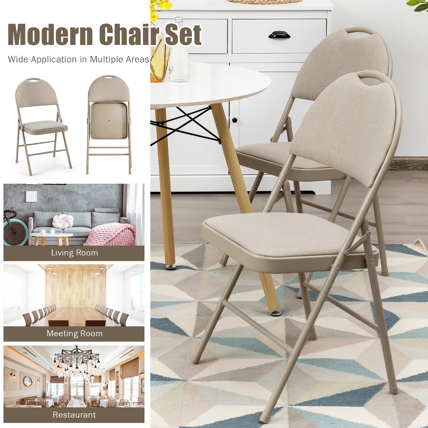 Costway Set of 6 Folding Chairs Fabric Upholstered Padded Seat Metal Frame Home Office Beige