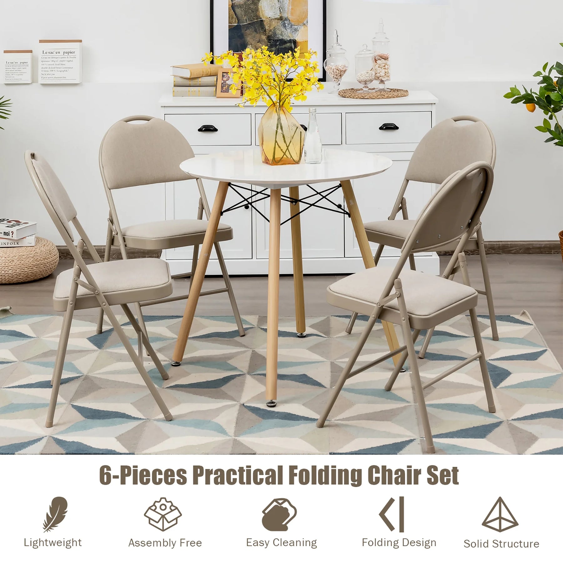 Costway Set of 6 Folding Chairs Fabric Upholstered Padded Seat Metal Frame Home Office Beige