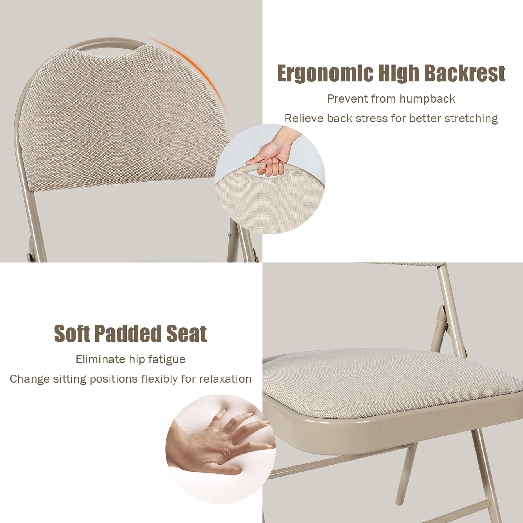 Costway Set of 6 Folding Chairs Fabric Upholstered Padded Seat Metal Frame Home Office Beige
