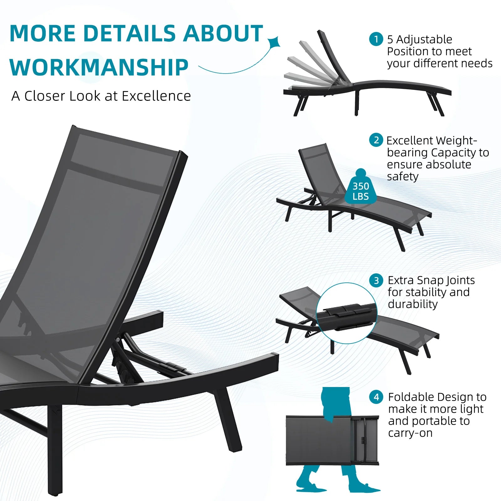 AECOJOY Outdoor Chaise Lounge, All Weather Pool Lounge Chairs Ergonomic Design (Dark Grey, 1 PCs)