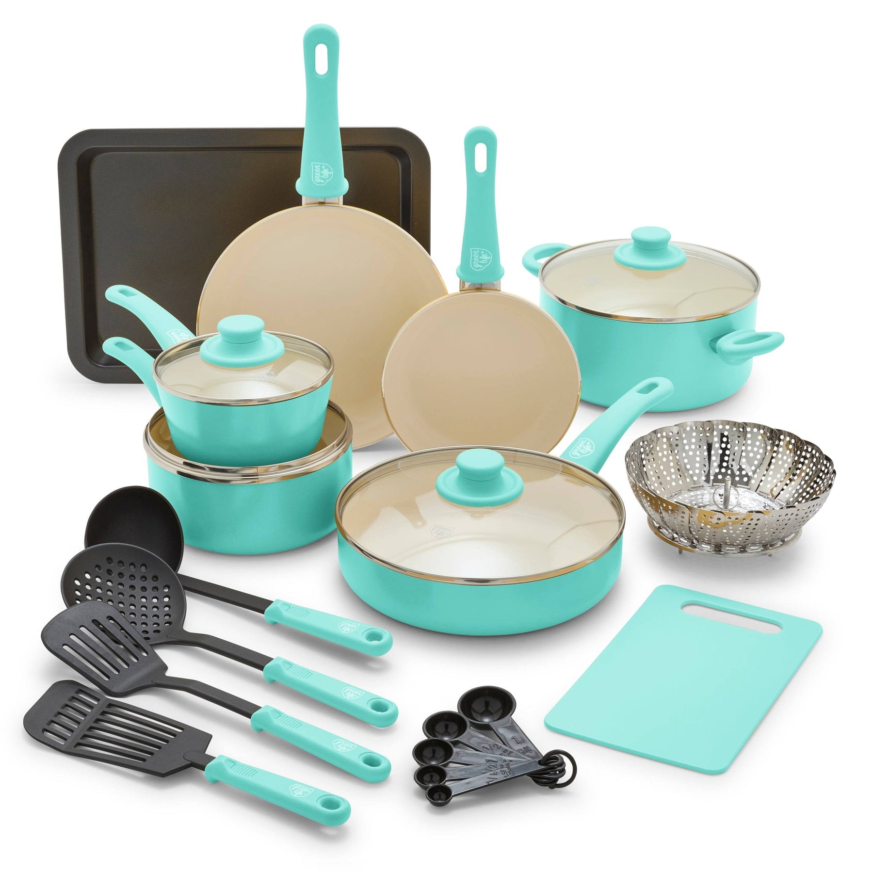 GreenLife 18-Piece Soft Grip Toxin-Free Healthy Ceramic Non-Stick Cookware Set, Turquoise