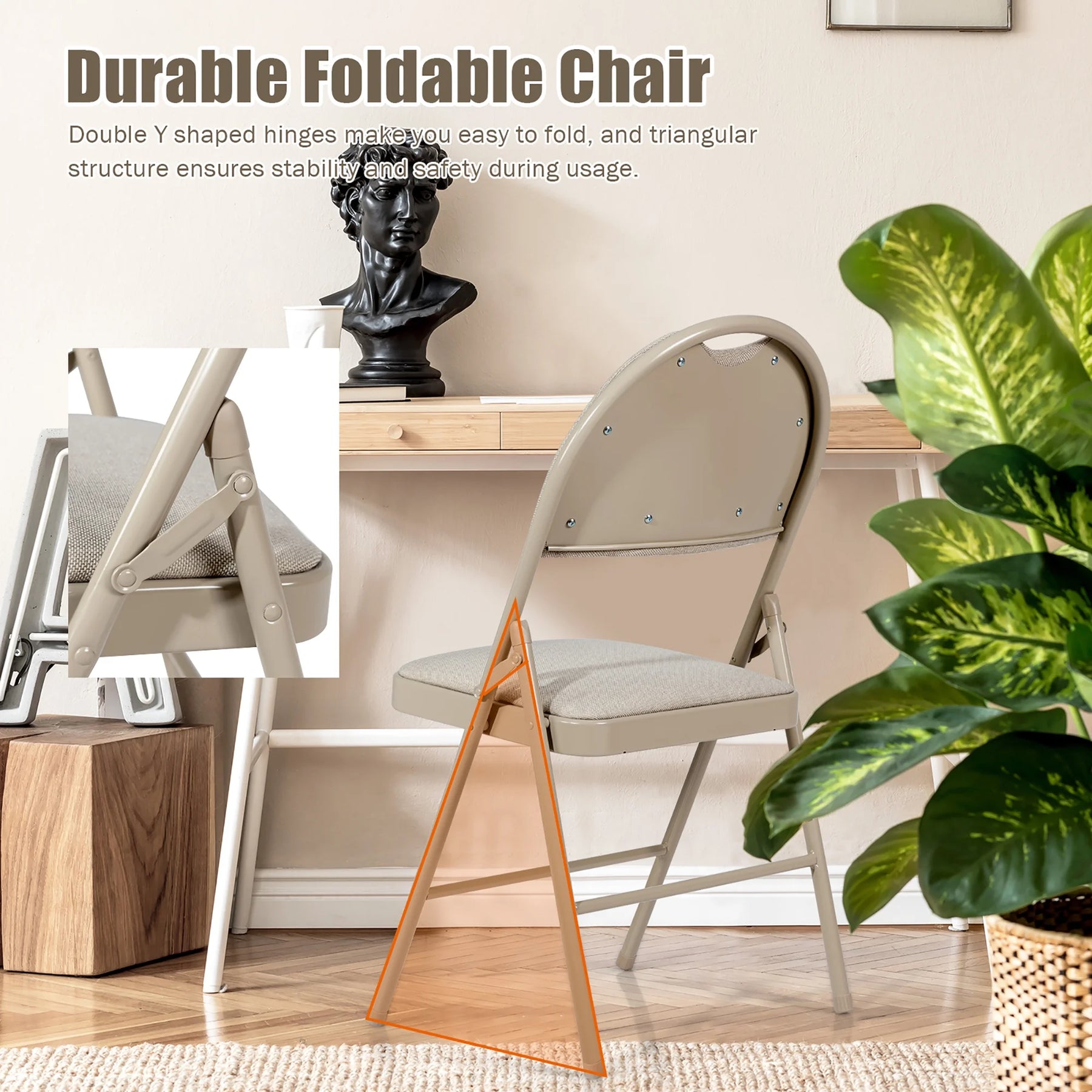 Costway Set of 6 Folding Chairs Fabric Upholstered Padded Seat Metal Frame Home Office Beige