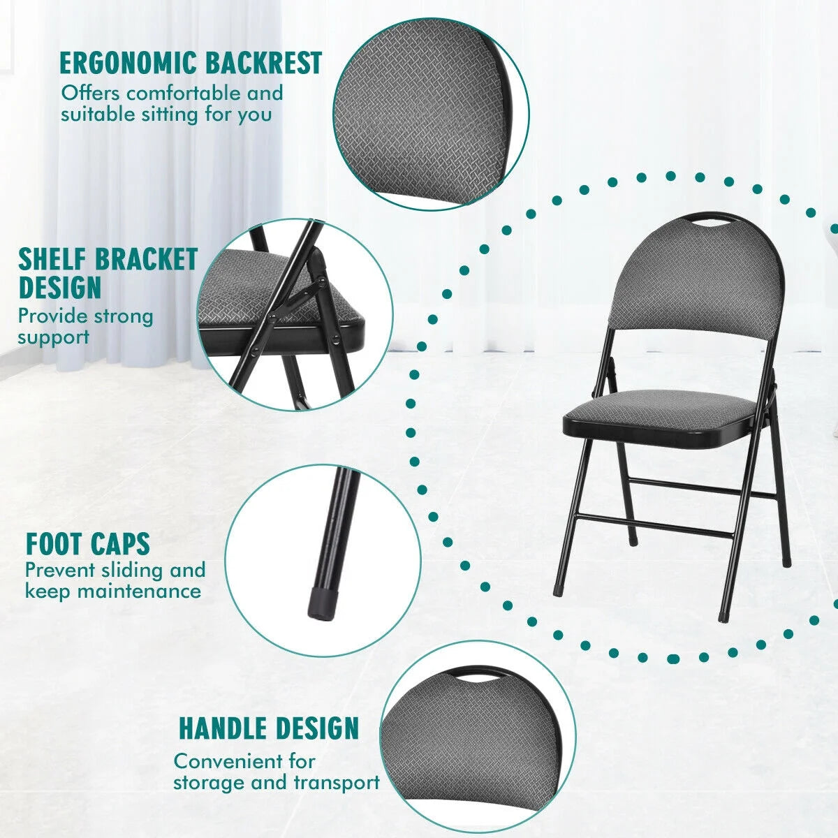 Costway Set of 6 Folding Chairs Fabric Upholstered Padded Seat Metal Frame Home Office Beige