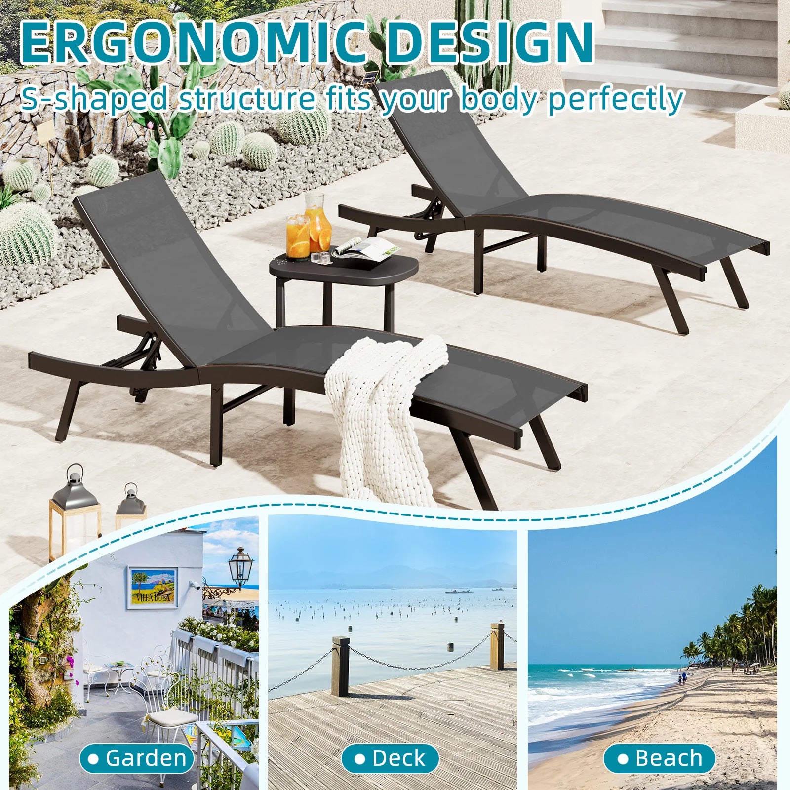 AECOJOY Outdoor Chaise Lounge, All Weather Pool Lounge Chairs Ergonomic Design (Dark Grey, 1 PCs)