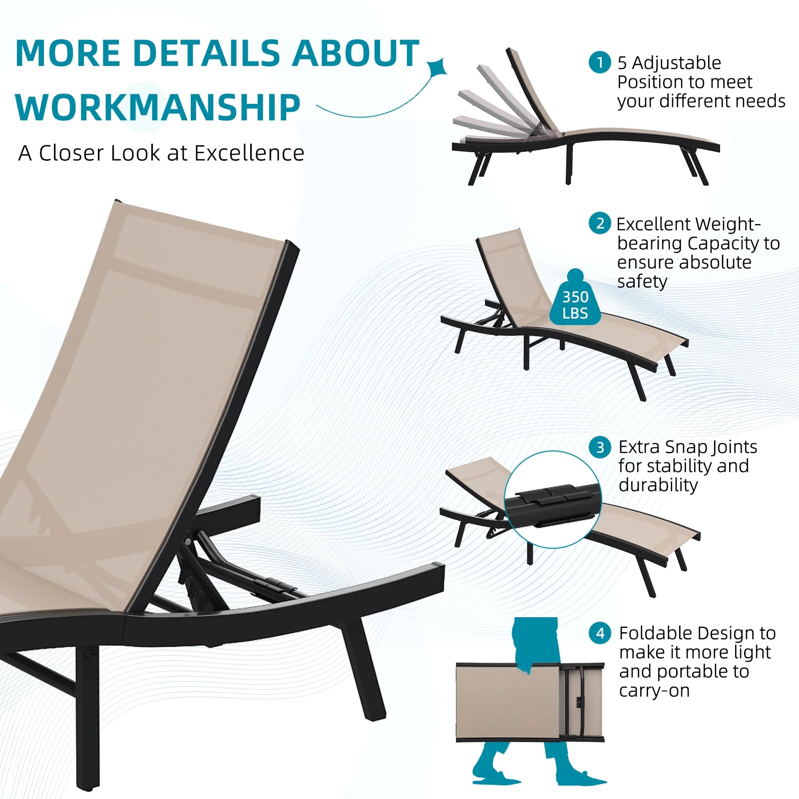 AECOJOY Outdoor Chaise Lounge, All Weather Pool Lounge Chairs Ergonomic Design (Beige, 1 PCs)