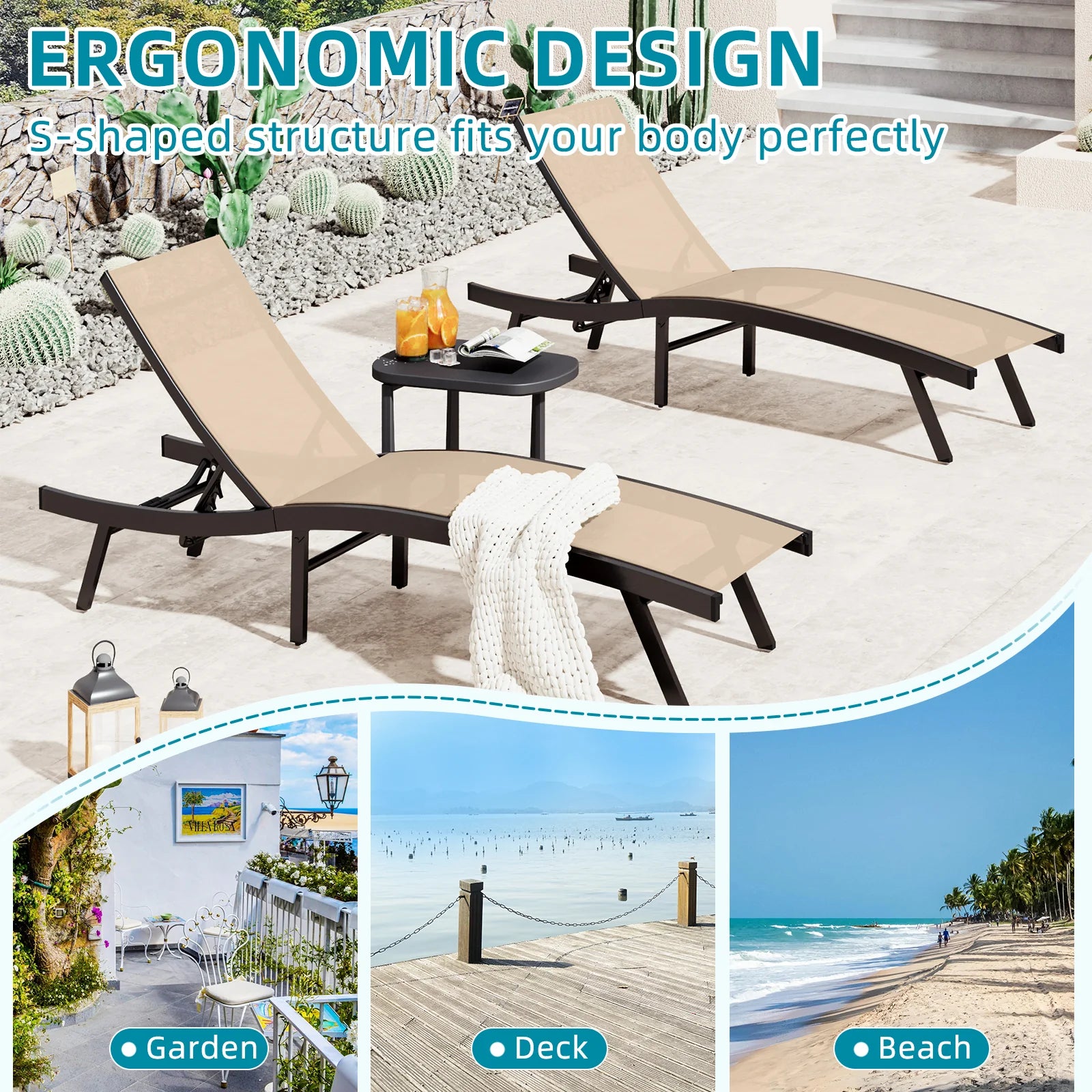AECOJOY Outdoor Chaise Lounge, All Weather Pool Lounge Chairs Ergonomic Design (Beige, 1 PCs)